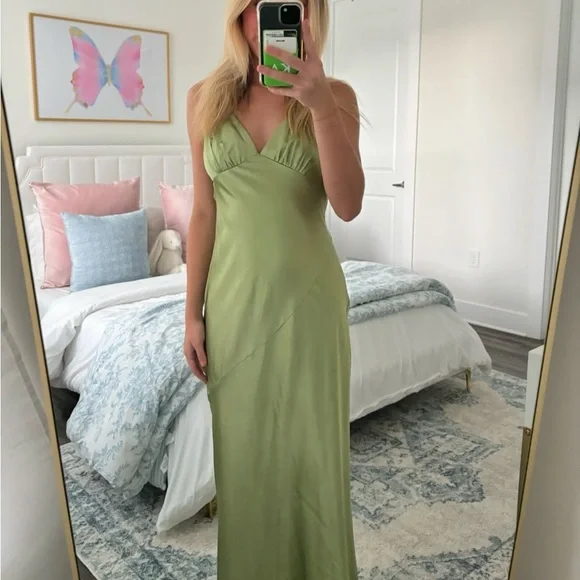 Satin Slip Dress in Green - Picture 3 of 3